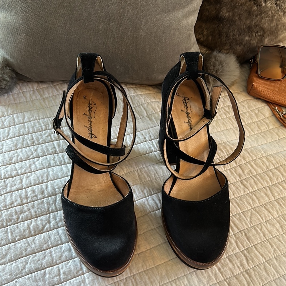 Free people Remi suede black leather platform Mary jane chunky block heels 40 - Picture 2 of 16